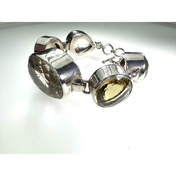 Carved Quartz Chunky Bracelet  Faceted Lemon Citrine Sterling Silver Bracelet - Picture 6 of 7